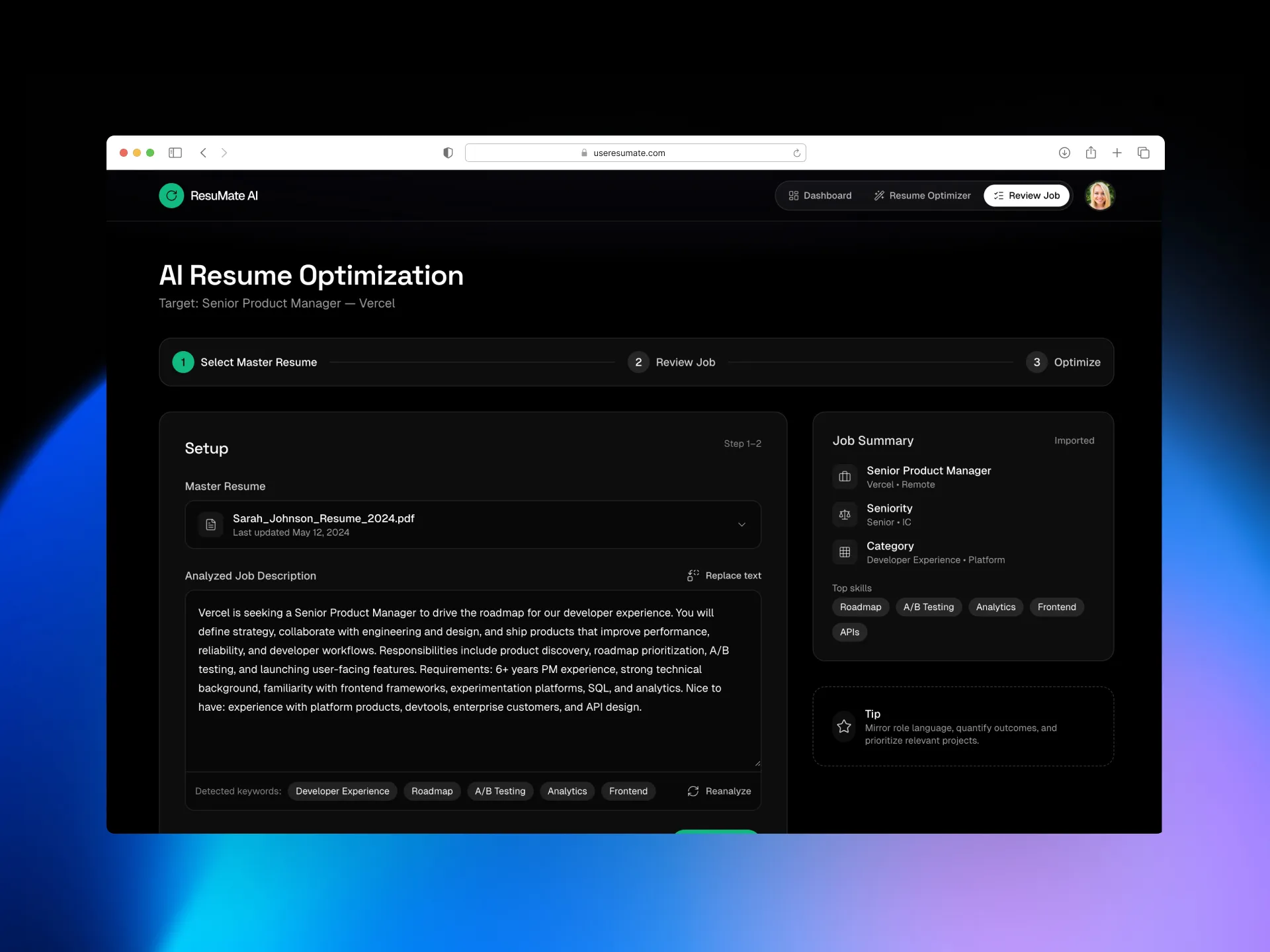 ResuMate AI job-specific resume tailoring interface showing before and after resume customization